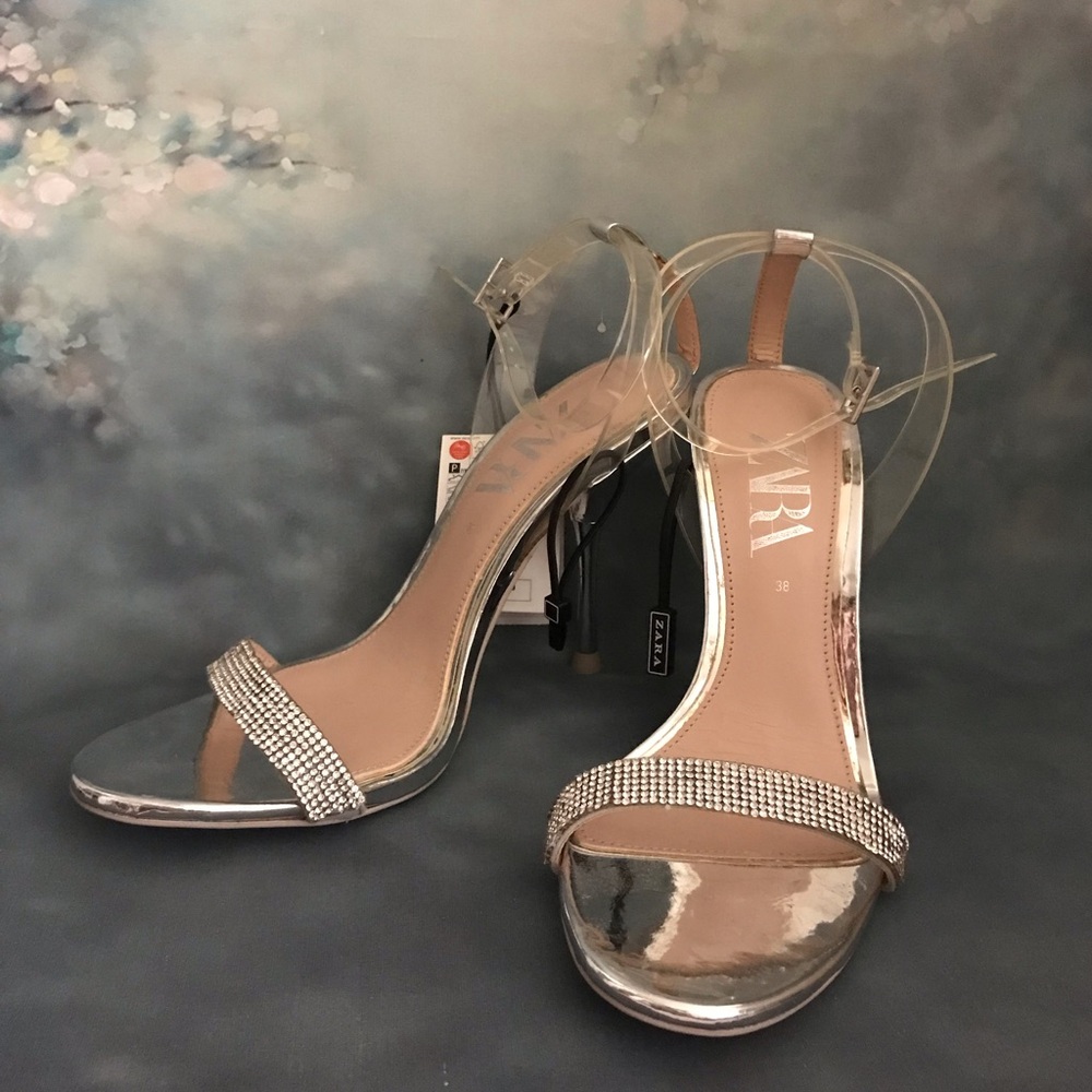 Zara Metallic Silver and Crystal Heeled Sandals - Picture 2 of 12